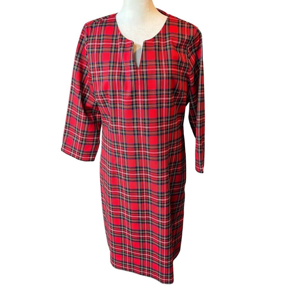 Chadwicks Red Plaid Tartan Split Neck Shift Dress 3/4 Sleeve Lined Size 14 #1035